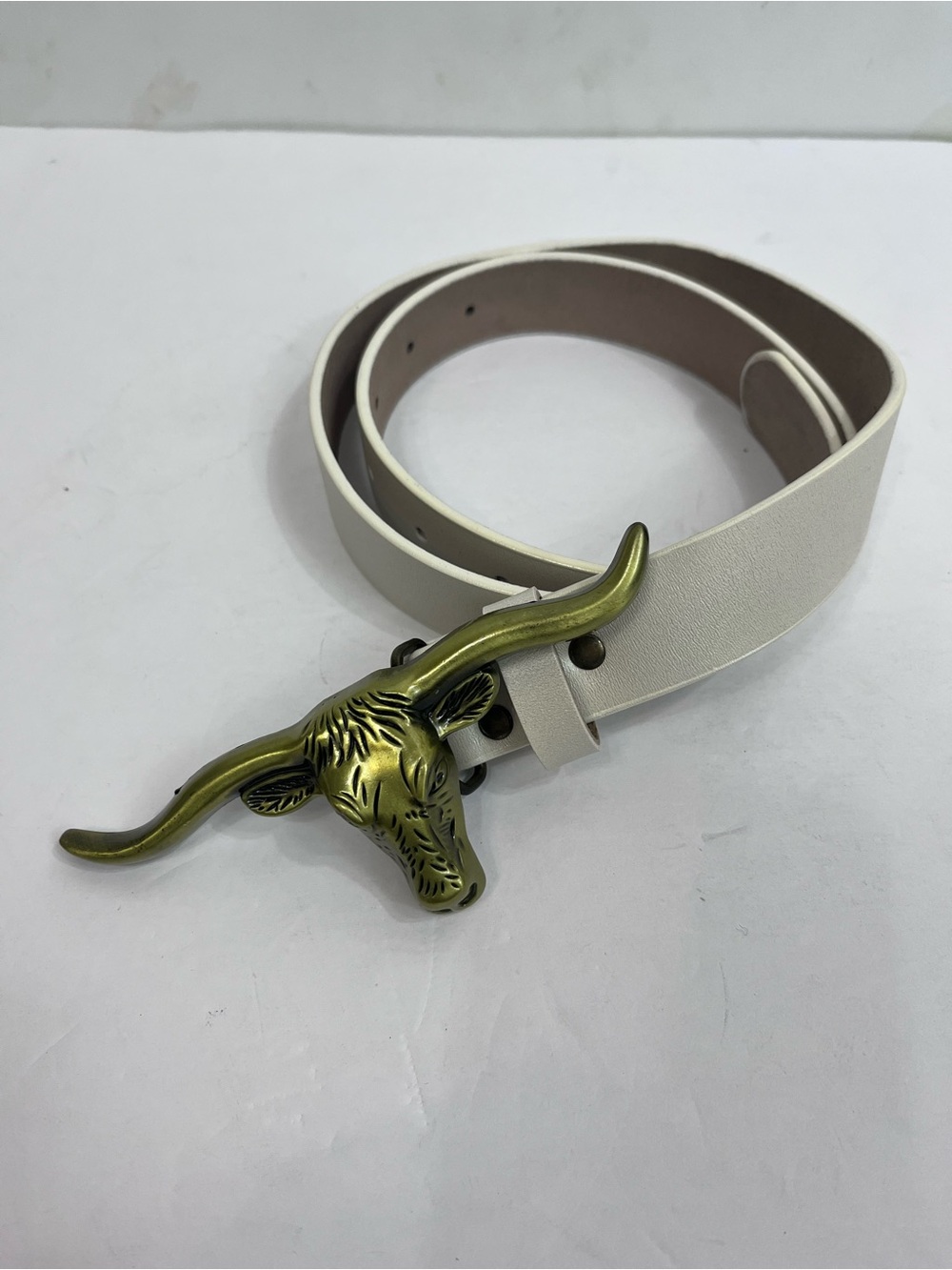 Bone white Leather Belt with Longhorn Buckle